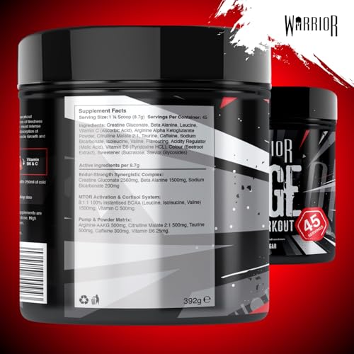 Warrior Rage - Pre-workout Powder - 392g - Energy Drink Supplement with Vitamin C, Beta Alanine and Creatine Gluconate - 45 Servings (Blazin' Blue Raz)