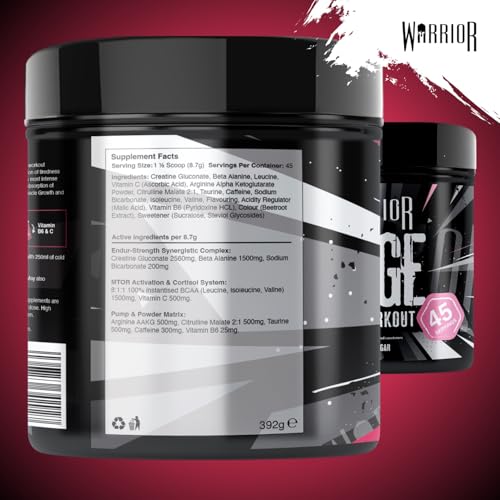 Warrior Rage - Pre-workout Powder - 392g - Energy Drink Supplement with Vitamin C, Beta Alanine and Creatine Gluconate - 45 Servings (Blazin' Blue Raz)