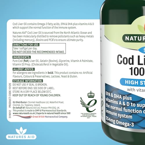 Natures Aid Cod Liver Oil, 1000 mg, 180 Softgel Capsules (High Strength, 254 mg Omega-3 with Vitamins A and D for Normal Function of the Immune System, Made in the UK)