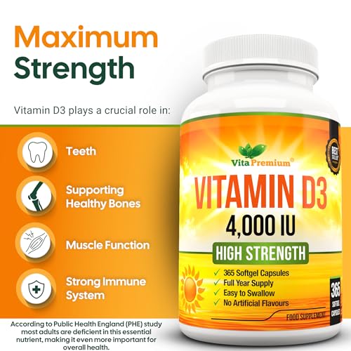 Vitamin D 4,000 IU Softgels, Maximum Strength Vitamin D3 Supplement, 365 Easy to Swallow Tablets - Full Year Supply