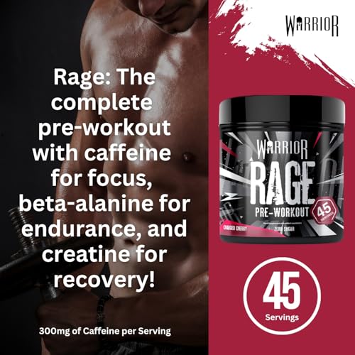 Warrior Rage - Pre-workout Powder - 392g - Energy Drink Supplement with Vitamin C, Beta Alanine and Creatine Gluconate - 45 Servings (Blazin' Blue Raz)