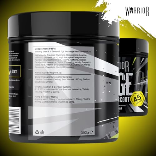 Warrior Rage - Pre-workout Powder - 392g - Energy Drink Supplement with Vitamin C, Beta Alanine and Creatine Gluconate - 45 Servings (Blazin' Blue Raz)