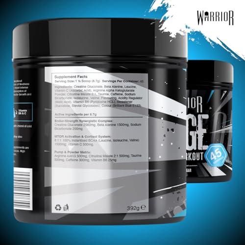 Warrior Rage - Pre-workout Powder - 392g - Energy Drink Supplement with Vitamin C, Beta Alanine and Creatine Gluconate - 45 Servings (Blazin' Blue Raz)