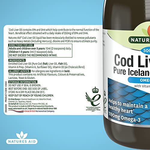 Natures Aid Cod Liver Oil, 1000 mg, 180 Softgel Capsules (High Strength, 254 mg Omega-3 with Vitamins A and D for Normal Function of the Immune System, Made in the UK)