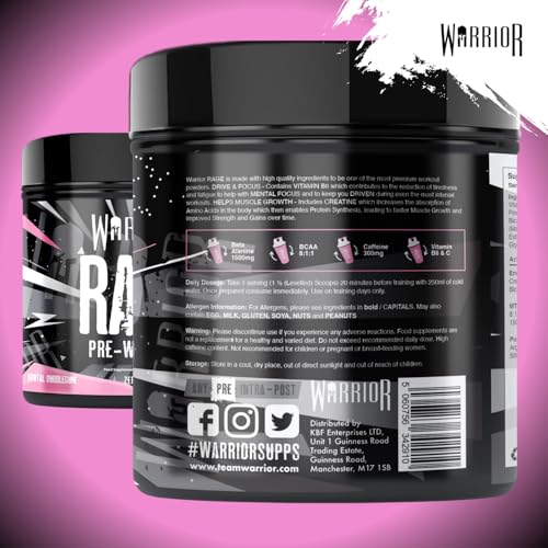 Warrior Rage - Pre-workout Powder - 392g - Energy Drink Supplement with Vitamin C, Beta Alanine and Creatine Gluconate - 45 Servings (Blazin' Blue Raz)