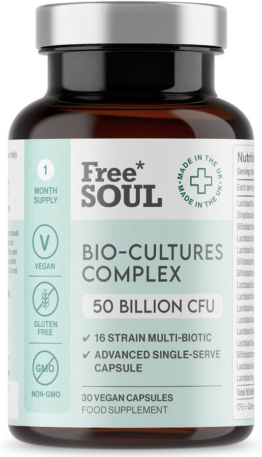 Free Soul 50 Billion CFU Pro Bio Cultures Complex with 16 Live Strains – Advanced Single Capsule Serving with Multi Strain Formula – Vegan Digestive Enzyme Supplement for Gut Health – 30 Capsules