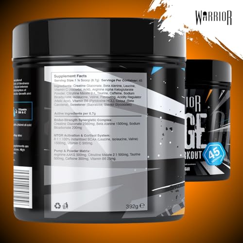 Warrior Rage - Pre-workout Powder - 392g - Energy Drink Supplement with Vitamin C, Beta Alanine and Creatine Gluconate - 45 Servings (Blazin' Blue Raz)