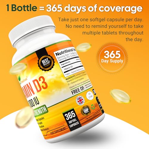 Vitamin D 4,000 IU Softgels, Maximum Strength Vitamin D3 Supplement, 365 Easy to Swallow Tablets - Full Year Supply