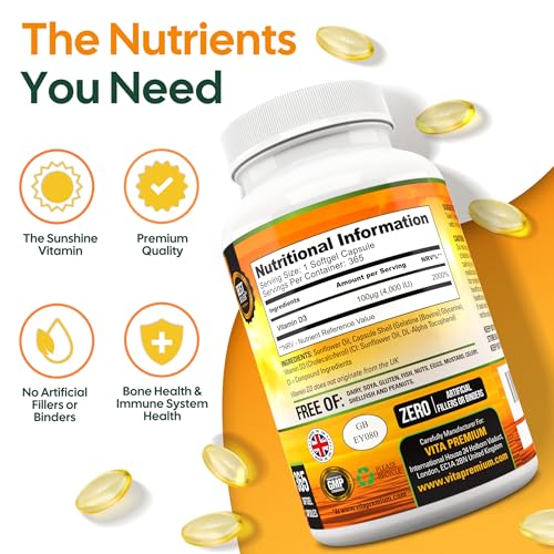 Vitamin D 4,000 IU Softgels, Maximum Strength Vitamin D3 Supplement, 365 Easy to Swallow Tablets - Full Year Supply