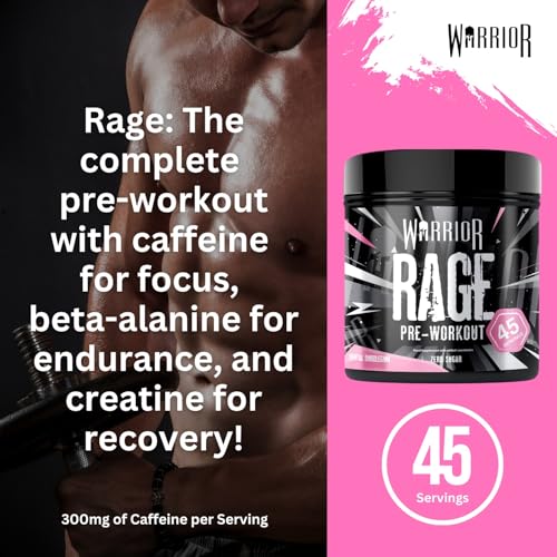 Warrior Rage - Pre-workout Powder - 392g - Energy Drink Supplement with Vitamin C, Beta Alanine and Creatine Gluconate - 45 Servings (Blazin' Blue Raz)