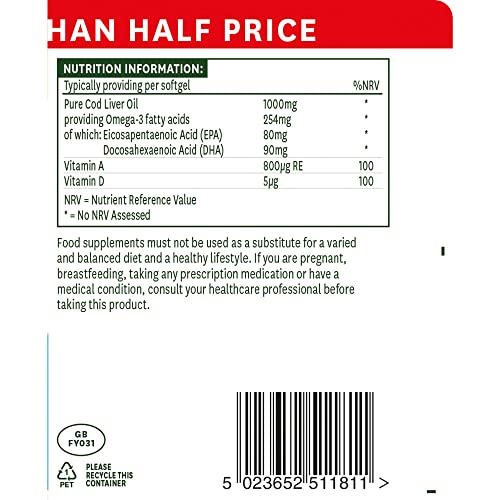 Natures Aid Cod Liver Oil, 1000 mg, 180 Softgel Capsules (High Strength, 254 mg Omega-3 with Vitamins A and D for Normal Function of the Immune System, Made in the UK)