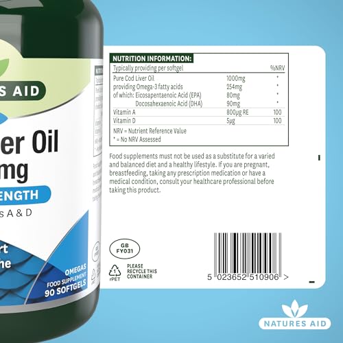 Natures Aid Cod Liver Oil, 1000 mg, 180 Softgel Capsules (High Strength, 254 mg Omega-3 with Vitamins A and D for Normal Function of the Immune System, Made in the UK)