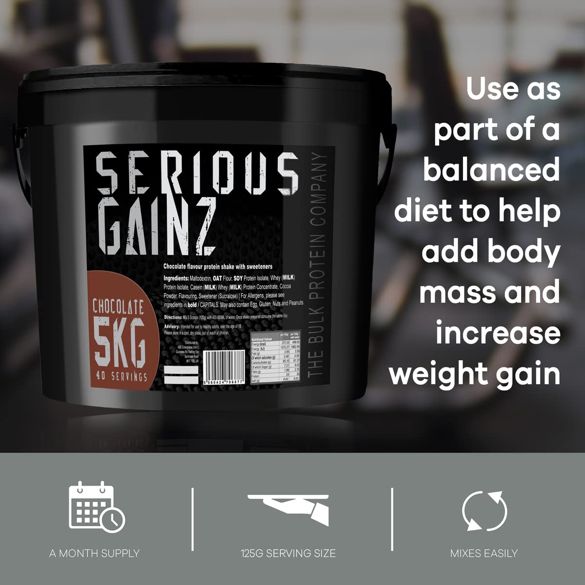 The Bulk Protein Company, SERIOUS GAINZ - Whey Protein Powder - Weight Gain, Mass Gainer - 30g Protein Powders (Chocolate, 5kg)