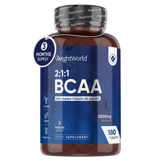 BCAA Tablet 2000mg Per Serving - 180 Protein Tablets (3 Months Supply) - 2:1:1 Branched Chain Amino Acids Tablets with Vitamin B12 & B6 - BCAA Powder Alternative - Pre Workout Supplement for Energy