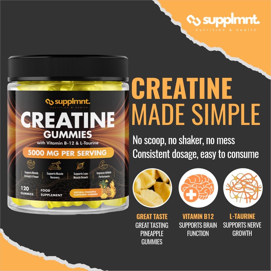 Creatine 120 Gummies Max 5000mg for Men & Women Creatine Monohydrate Plus B12 and L-Taurine Chewable Gummies, Blueberry Flavour 1 Month Supply (1 Count (Pack of 120), Blueberry)