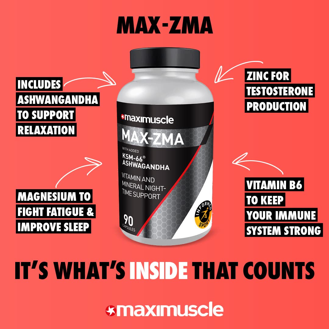 Maximuscle Max-ZMA | Zinc, Magnesium, Vitamin B6 & KSM-66 Ashwagandha for Recovery & Support | 90 Capsules - 1 Month Supply