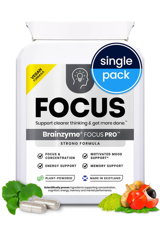 Brainzyme® Focus Pro [Single Pack] Nootropic Cognitive Enhancer. Clear Brain Fog. Alpha Brain. Strong Focus, Energy, Motivated Mood & Memory Support. Tyrosine, Choline. 8 Hour Energy Boost.