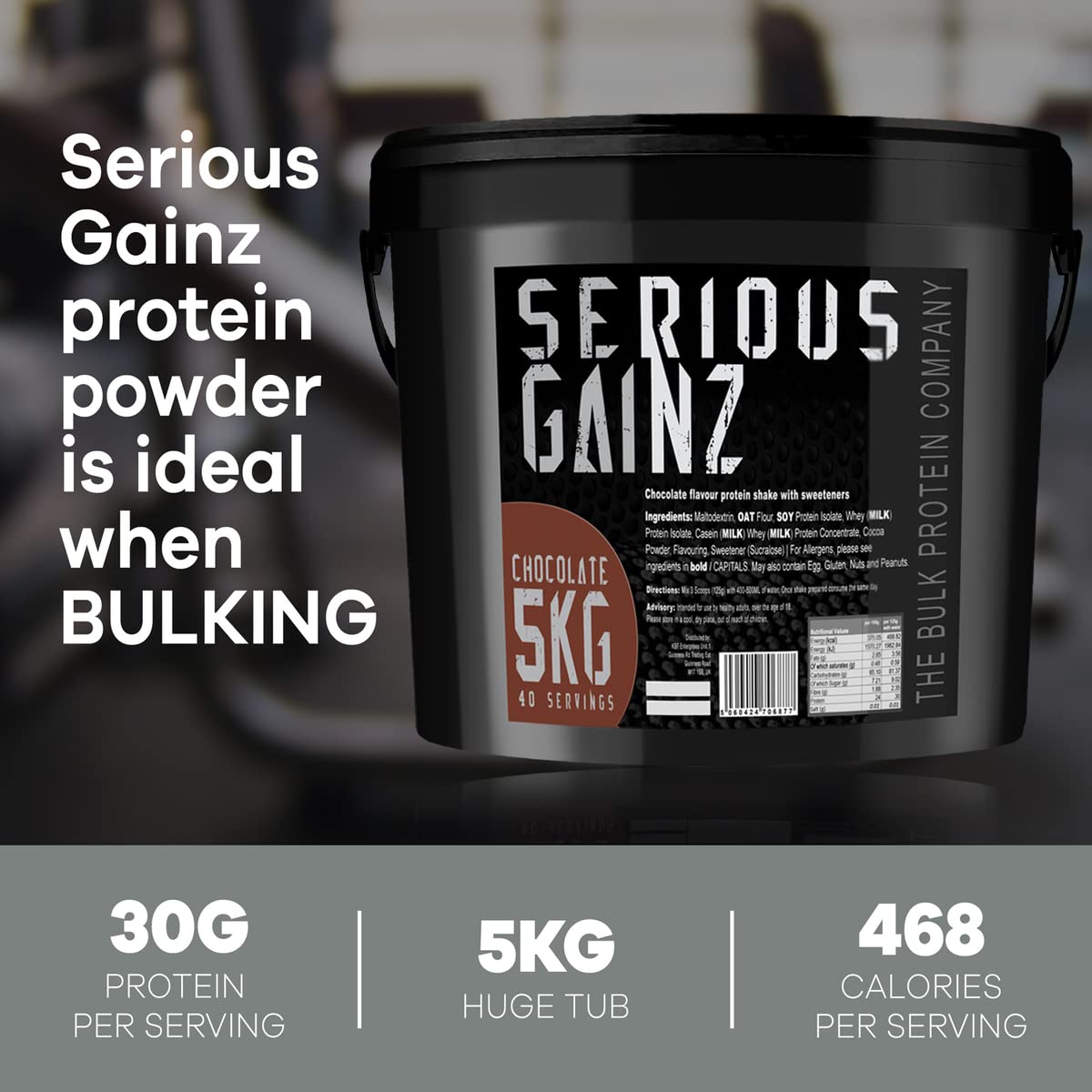 The Bulk Protein Company, SERIOUS GAINZ - Whey Protein Powder - Weight Gain, Mass Gainer - 30g Protein Powders (Chocolate, 5kg)