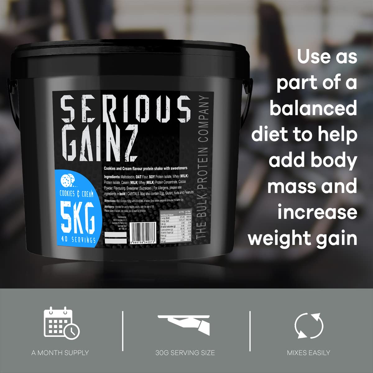 The Bulk Protein Company, SERIOUS GAINZ - Whey Protein Powder - Weight Gain, Mass Gainer - 30g Protein Powders (Chocolate, 5kg)