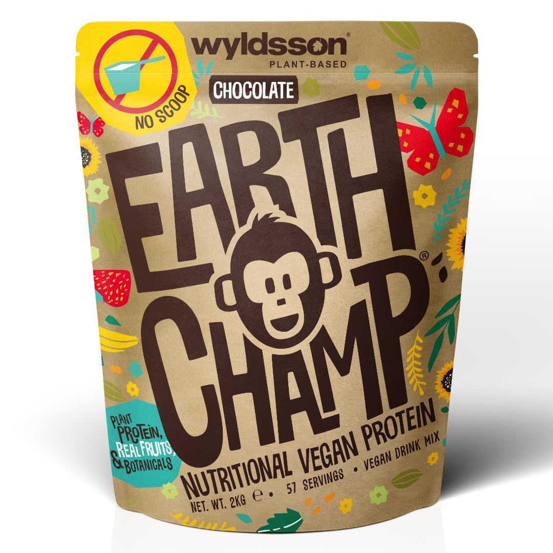 Vegan Protein Powder (1kg) - 28 Servings - EarthChamp by Wyldsson - Plant Based Chocolate Protein Powder Shake, Dairy Free, Gluten Free, Lactose Free Protien Powder (Choc)