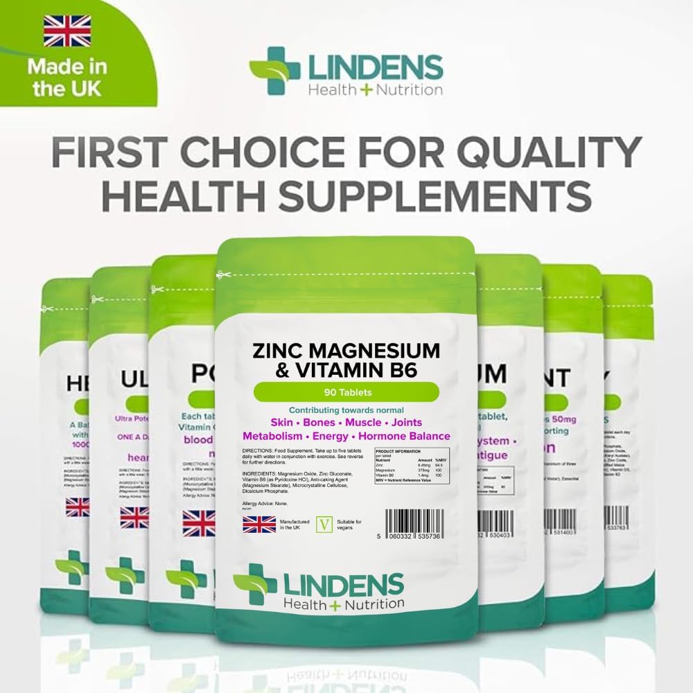 Lindens Zinc, Magnesium and Vitamin B6 Complex Tablets - 90 Pack - Reduction of Tiredness and Fatigue - UK Manufacturer, Letterbox Friendly