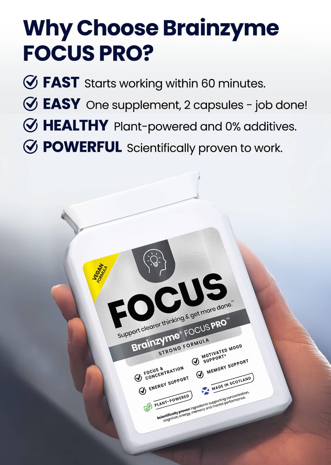 Brainzyme® Focus Pro [Single Pack] Nootropic Cognitive Enhancer. Clear Brain Fog. Alpha Brain. Strong Focus, Energy, Motivated Mood & Memory Support. Tyrosine, Choline. 8 Hour Energy Boost.