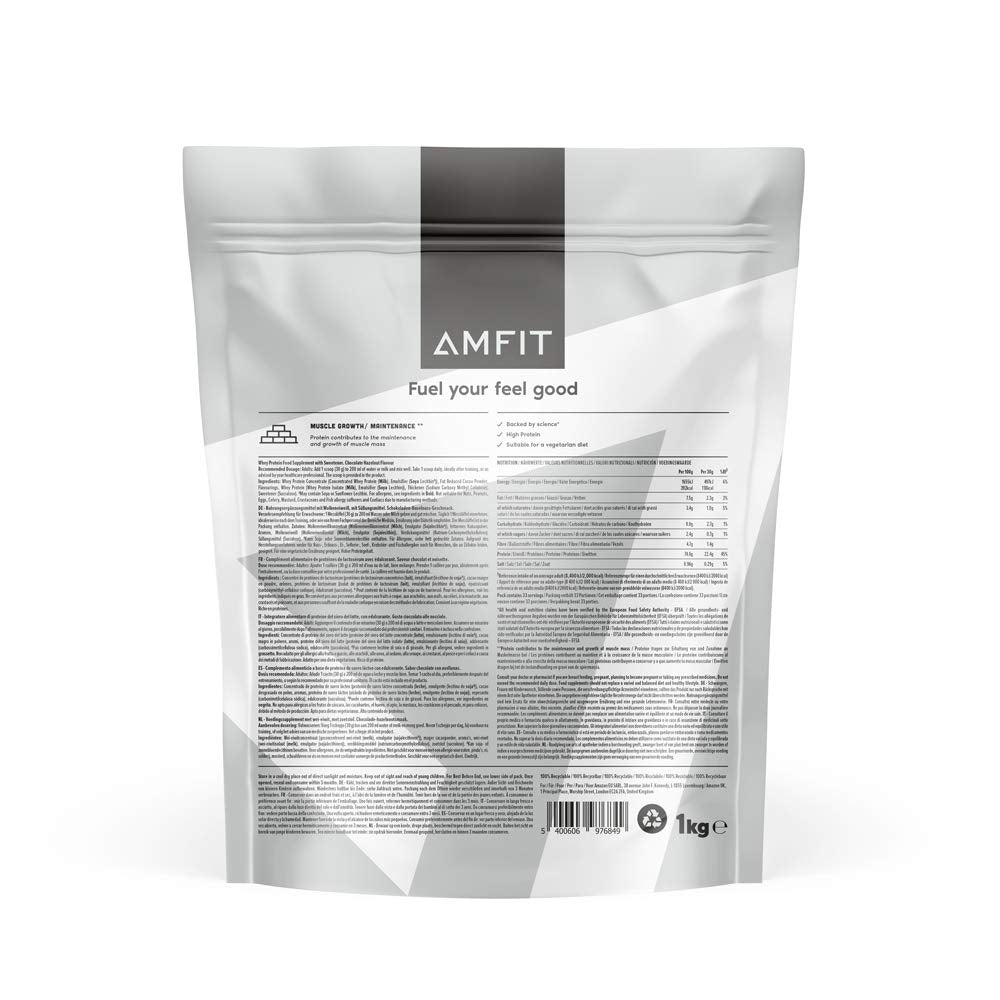 Amazon Brand - Amfit Nutrition Whey Protein Powder, Chocolate Flavour, 33 Servings, 1 kg (Pack of 1)