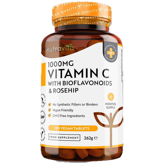 Vitamin C 1000mg – 180 Premium Vegan & Vegetarian Tablets – 6 Month Supply – High Strength Ascorbic Acid – with Added Bioflavonoids & Rosehip – Normal Immune System – Made in The UK by Nutravita