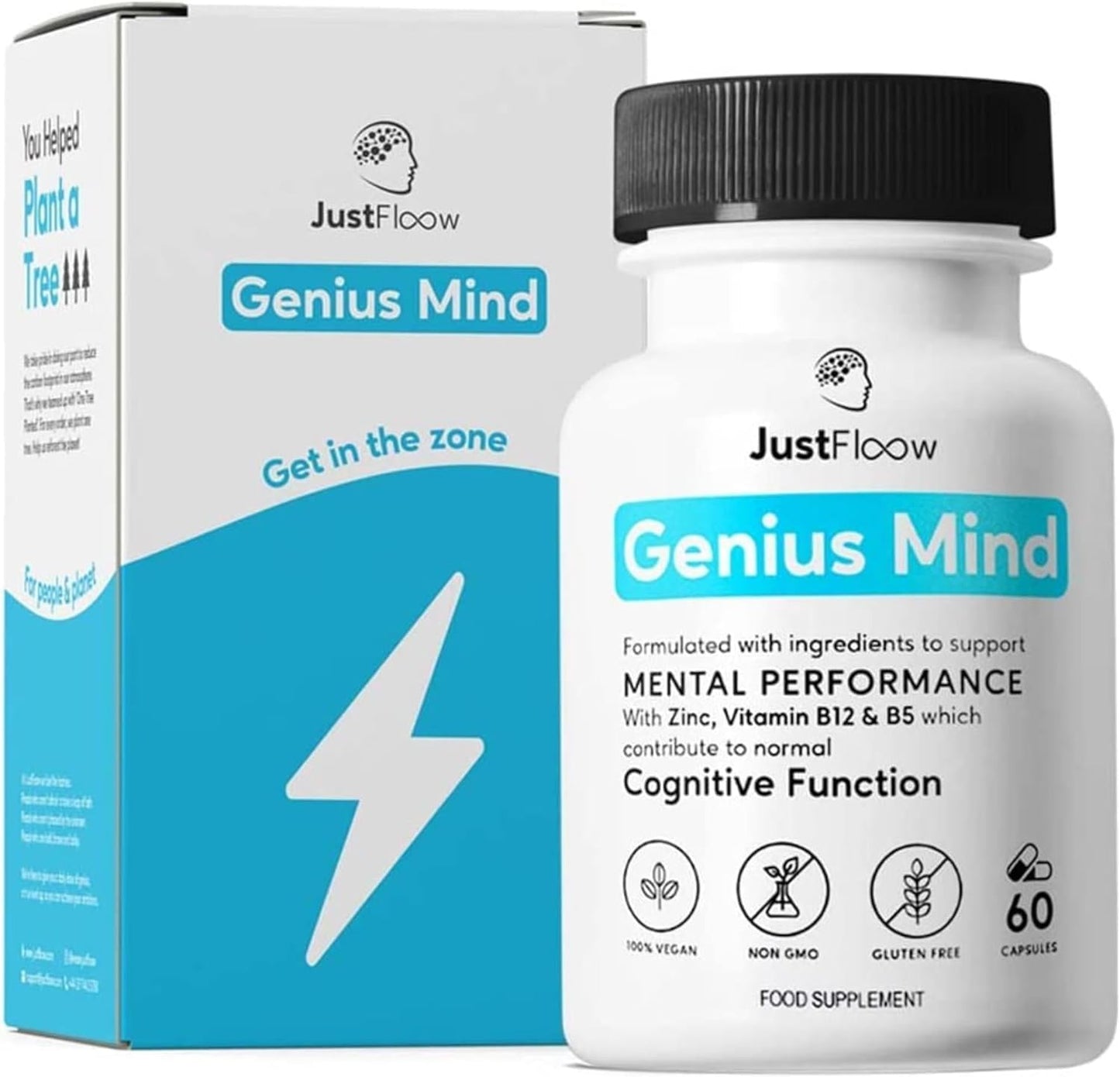 JustFloow Genius Mind® Nootropic Brain Supplement, Support Cognitive Function, Energy Levels, Focus & Memory Function - 17 Brain Boosting Ingredients Including Lions Mane, Bacopa, Ginkgo & Vitamin B12