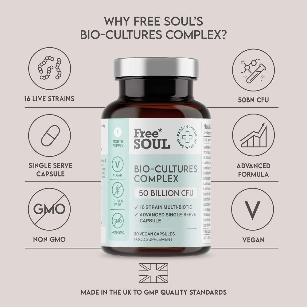 Free Soul 50 Billion CFU Pro Bio Cultures Complex with 16 Live Strains – Advanced Single Capsule Serving with Multi Strain Formula – Vegan Digestive Enzyme Supplement for Gut Health – 30 Capsules