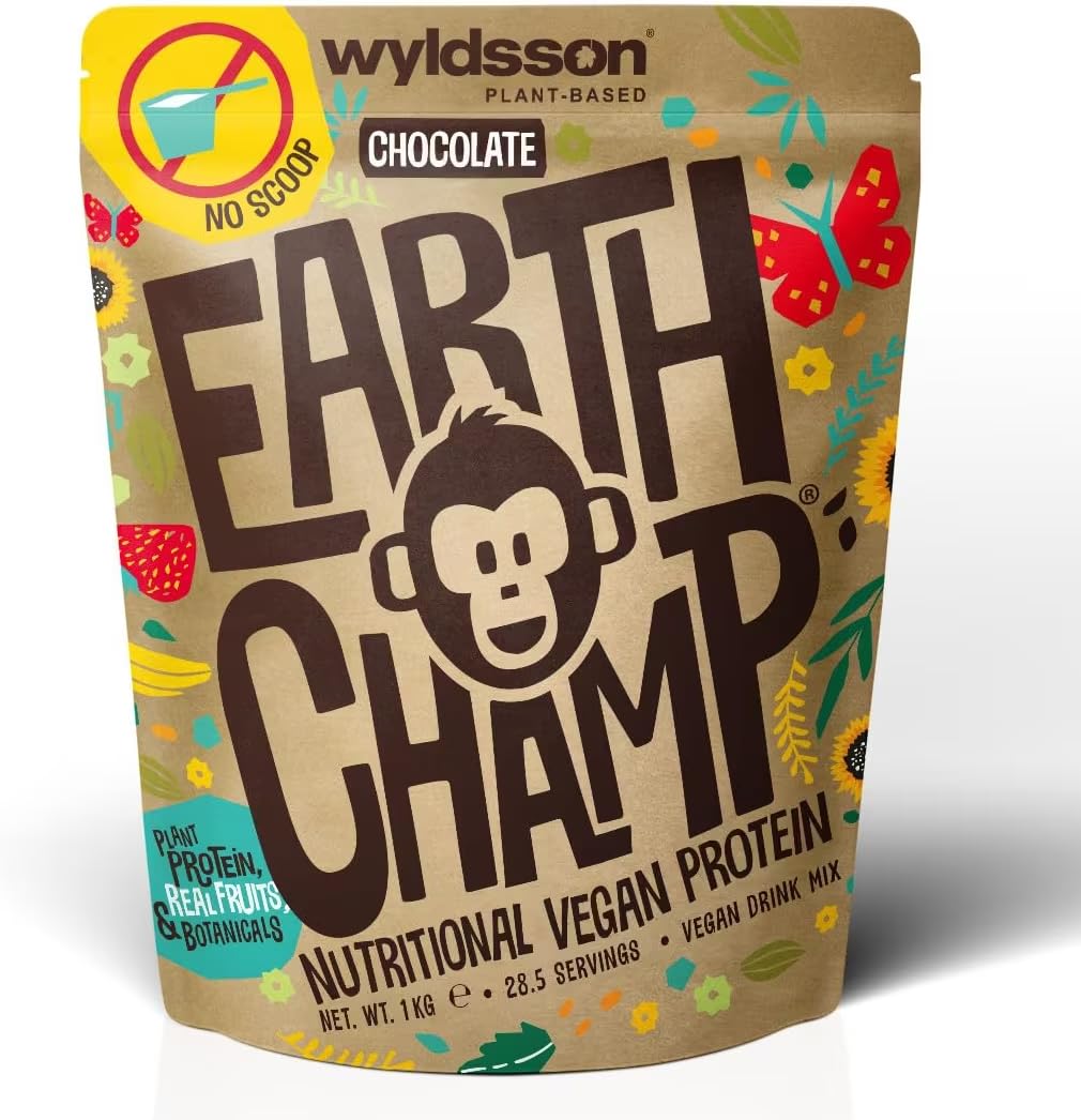 Vegan Protein Powder (1kg) - 28 Servings - EarthChamp by Wyldsson - Plant Based Chocolate Protein Powder Shake, Dairy Free, Gluten Free, Lactose Free Protien Powder (Choc)