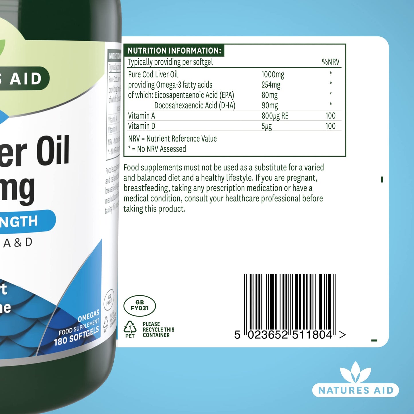 Natures Aid Cod Liver Oil, 1000 mg, 180 Softgel Capsules (High Strength, 254 mg Omega-3 with Vitamins A and D for Normal Function of the Immune System, Made in the UK)