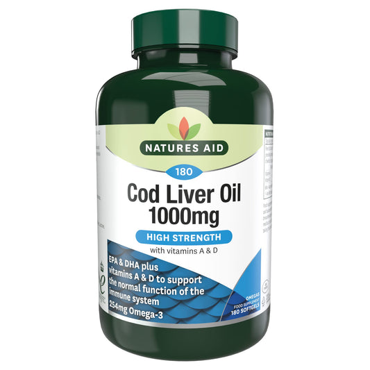 Natures Aid Cod Liver Oil, 1000 mg, 180 Softgel Capsules (High Strength, 254 mg Omega-3 with Vitamins A and D for Normal Function of the Immune System, Made in the UK)