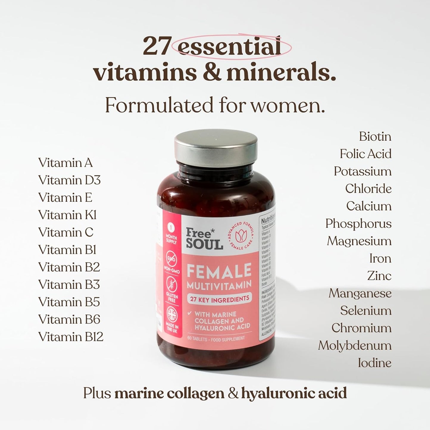 Women's Multivitamins & Minerals with Marine Collagen & Hyaluronic Acid – 27 Essential Vitamins, Minerals, & Botanicals – Gluten-Free & No Synthetic Fillers or Binders – 60 Tablets – Free Soul