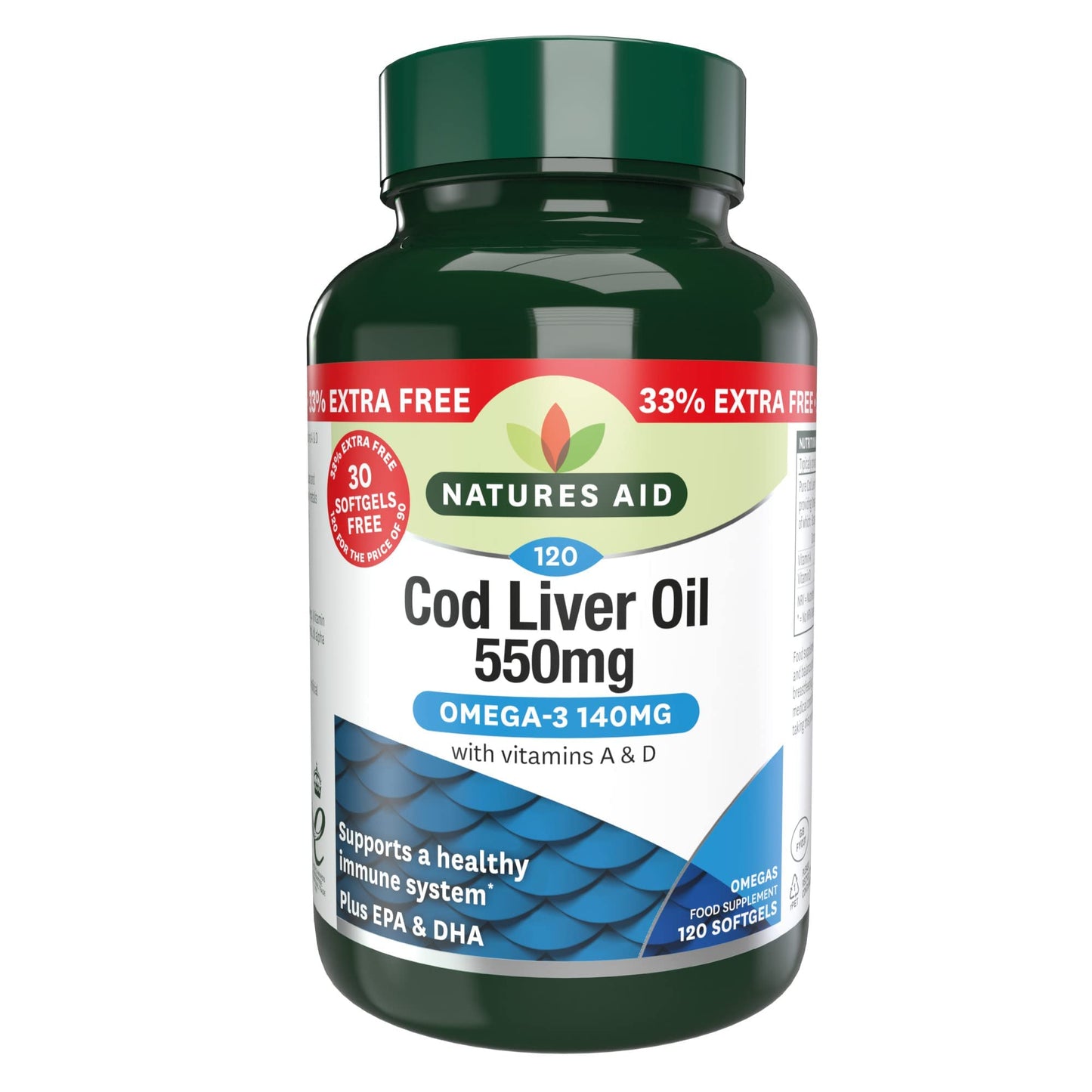 Natures Aid Cod Liver Oil, 1000 mg, 180 Softgel Capsules (High Strength, 254 mg Omega-3 with Vitamins A and D for Normal Function of the Immune System, Made in the UK)