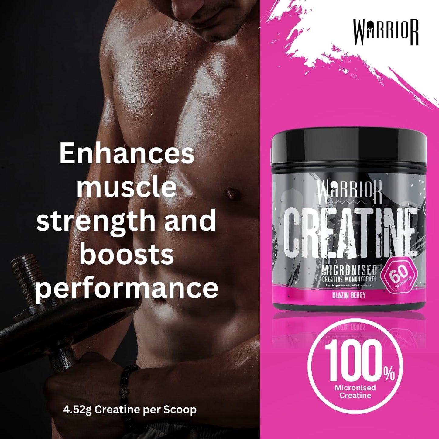 Warrior Creatine Monohydrate Powder 300g – Micronised – Proven to Improve Physical Performance and Recovery, 5g Servings (Unflavoured), 1 pack