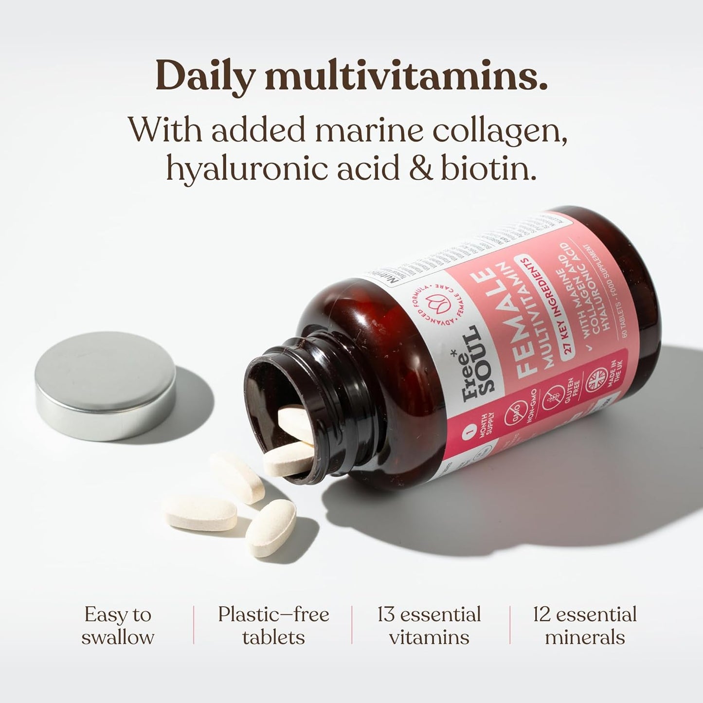 Women's Multivitamins & Minerals with Marine Collagen & Hyaluronic Acid – 27 Essential Vitamins, Minerals, & Botanicals – Gluten-Free & No Synthetic Fillers or Binders – 60 Tablets – Free Soul