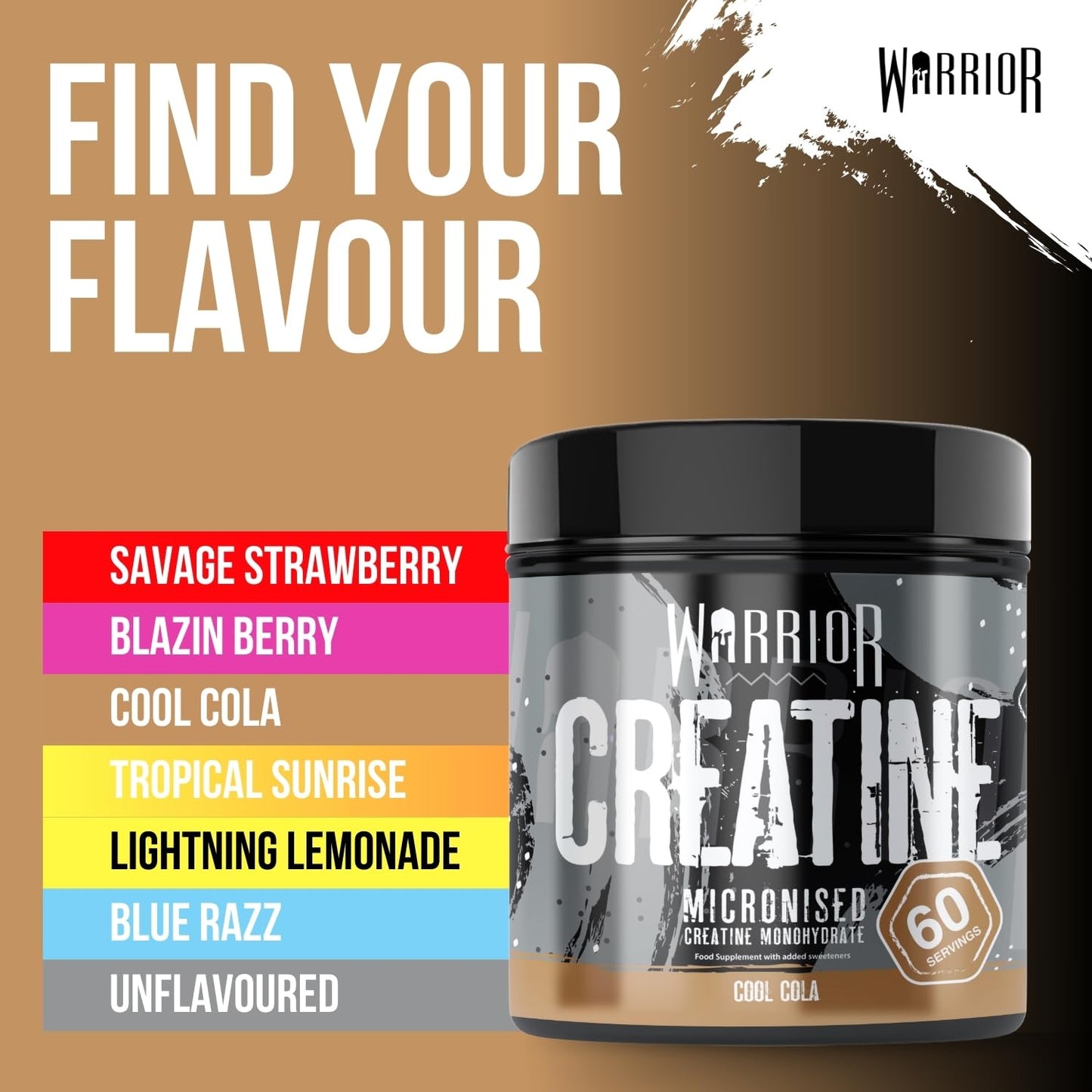 Warrior Creatine Monohydrate Powder 300g – Micronised – Proven to Improve Physical Performance and Recovery, 5g Servings (Unflavoured), 1 pack