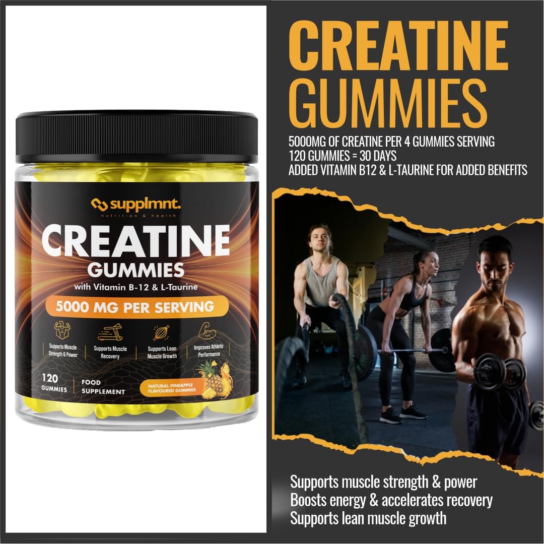 Creatine 120 Gummies Max 5000mg for Men & Women Creatine Monohydrate Plus B12 and L-Taurine Chewable Gummies, Blueberry Flavour 1 Month Supply (1 Count (Pack of 120), Blueberry)