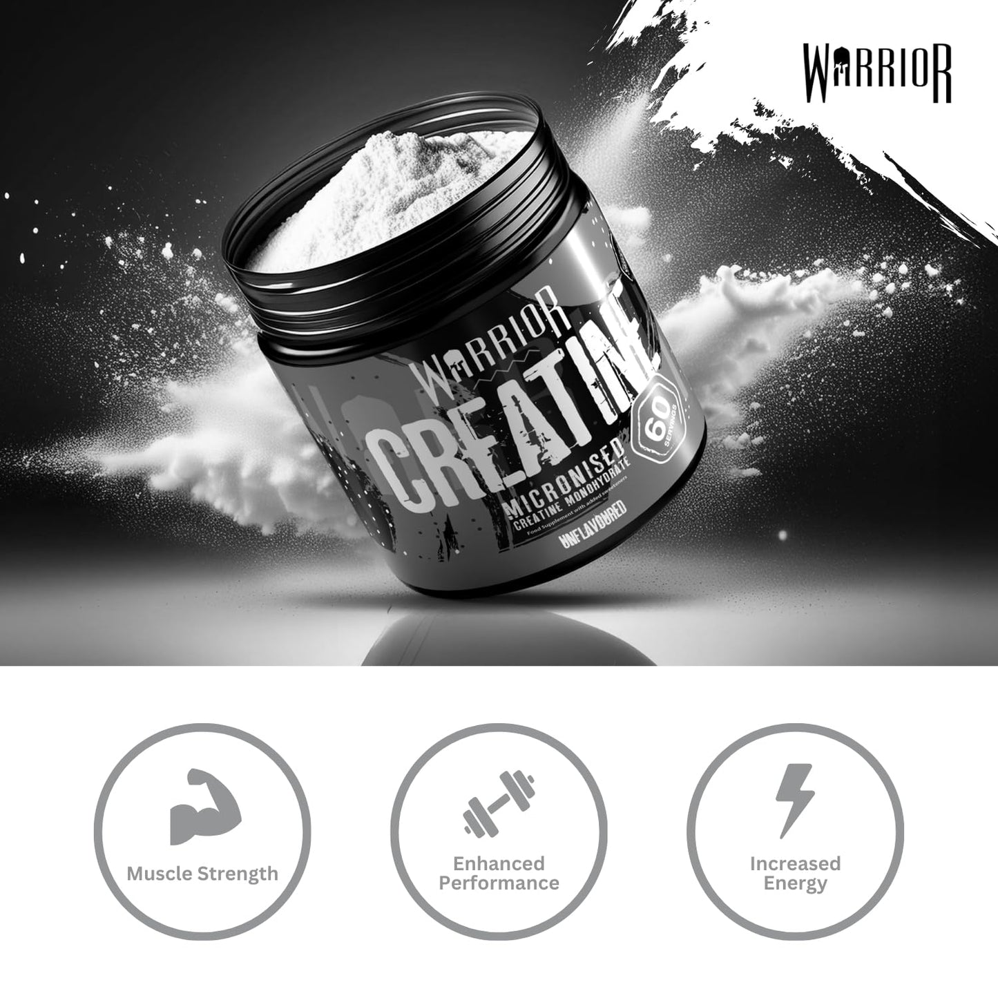 Warrior Creatine Monohydrate Powder 300g – Micronised – Proven to Improve Physical Performance and Recovery, 5g Servings (Unflavoured), 1 pack