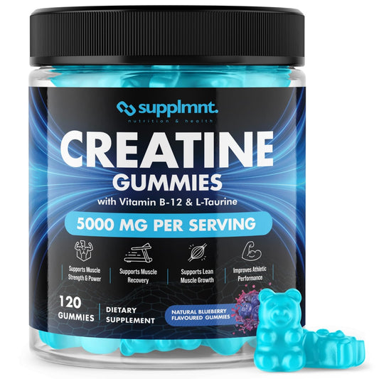 Creatine 120 Gummies Max 5000mg for Men & Women Creatine Monohydrate Plus B12 and L-Taurine Chewable Gummies, Blueberry Flavour 1 Month Supply (1 Count (Pack of 120), Blueberry)