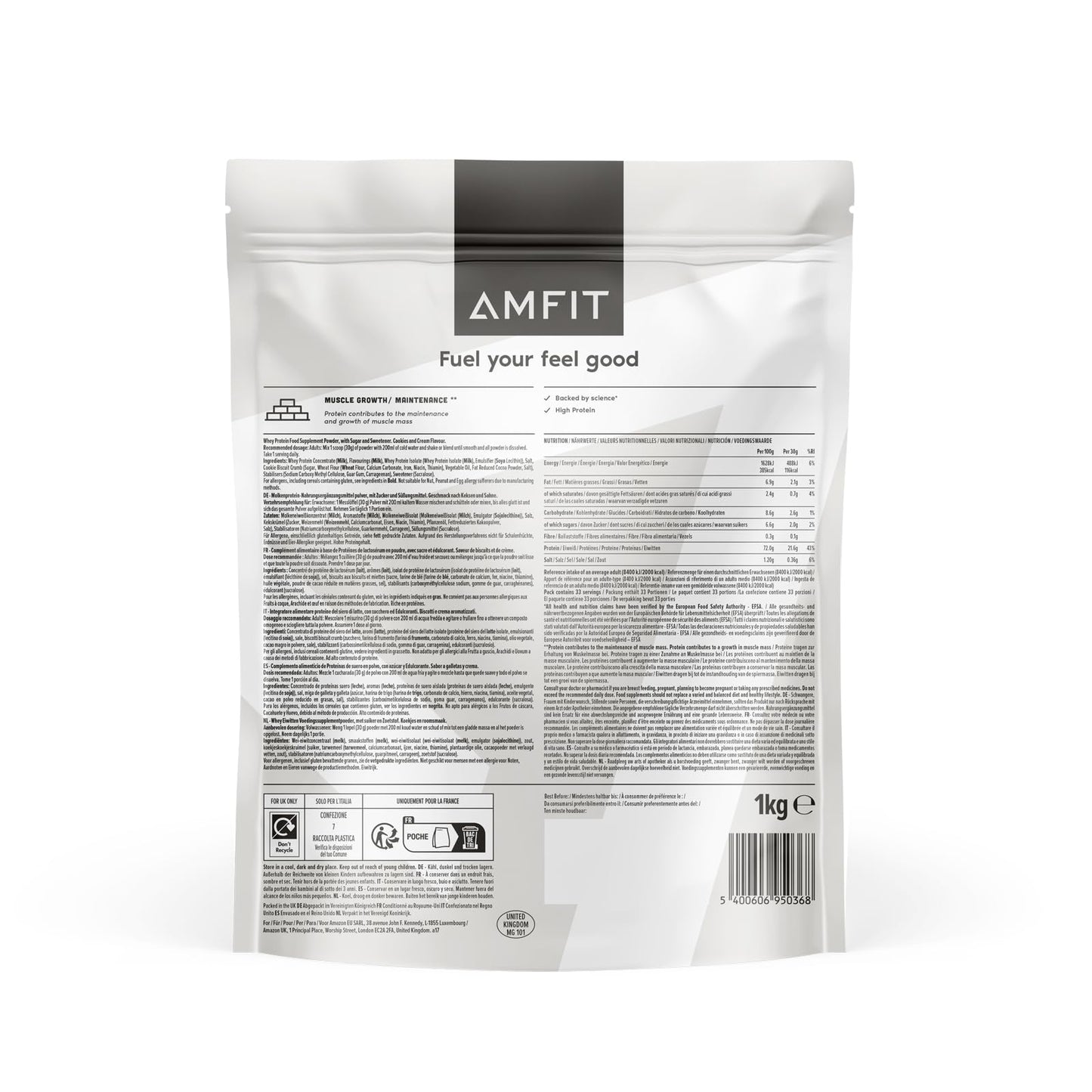 Amazon Brand - Amfit Nutrition Whey Protein Powder, Chocolate Flavour, 33 Servings, 1 kg (Pack of 1)