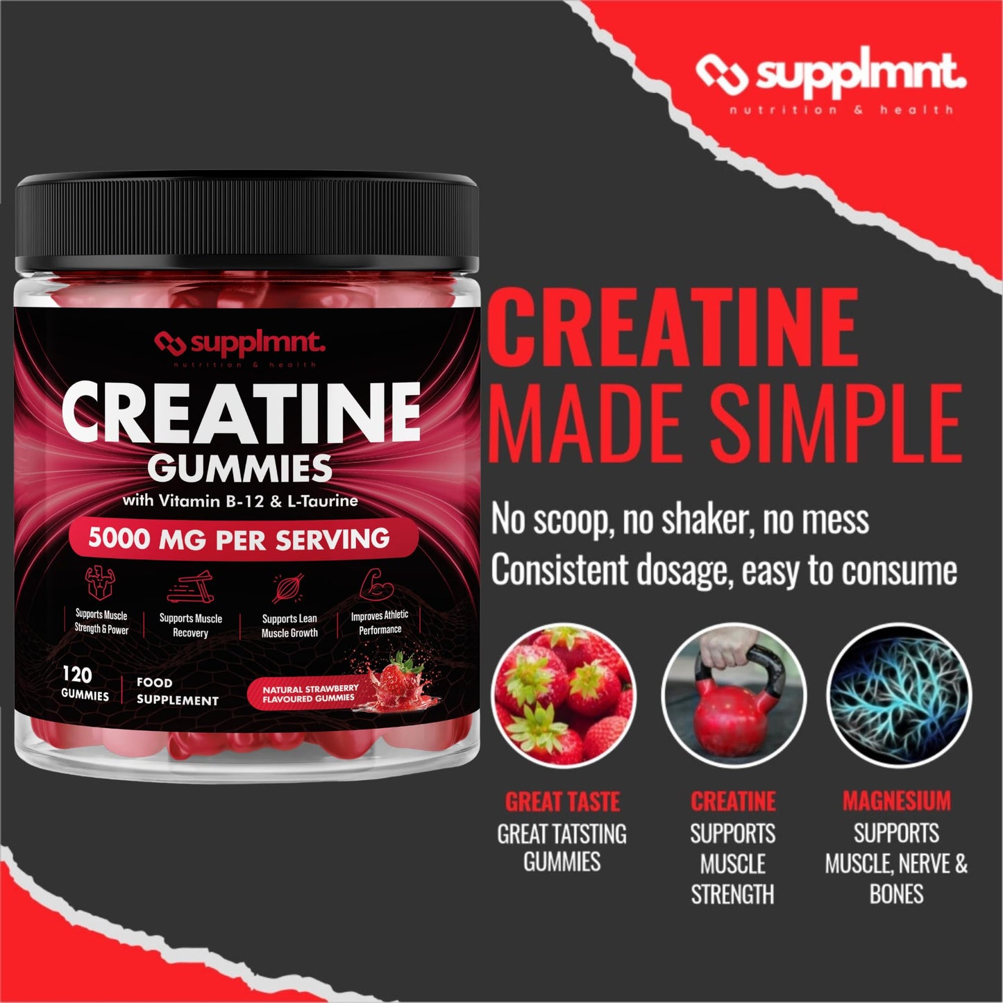 Creatine 120 Gummies Max 5000mg for Men & Women Creatine Monohydrate Plus B12 and L-Taurine Chewable Gummies, Blueberry Flavour 1 Month Supply (1 Count (Pack of 120), Blueberry)