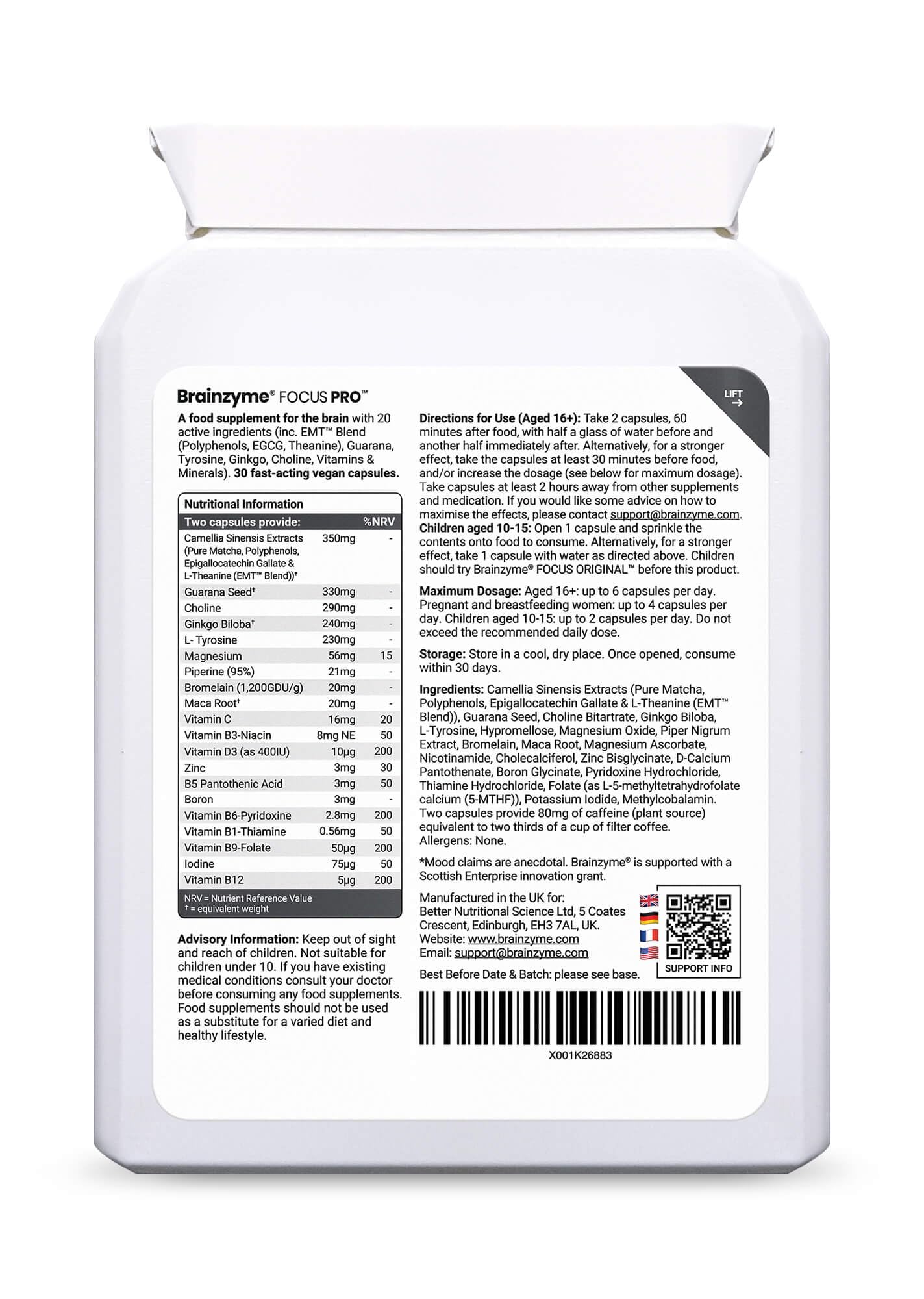 Brainzyme® Focus Pro [Single Pack] Nootropic Cognitive Enhancer. Clear Brain Fog. Alpha Brain. Strong Focus, Energy, Motivated Mood & Memory Support. Tyrosine, Choline. 8 Hour Energy Boost.