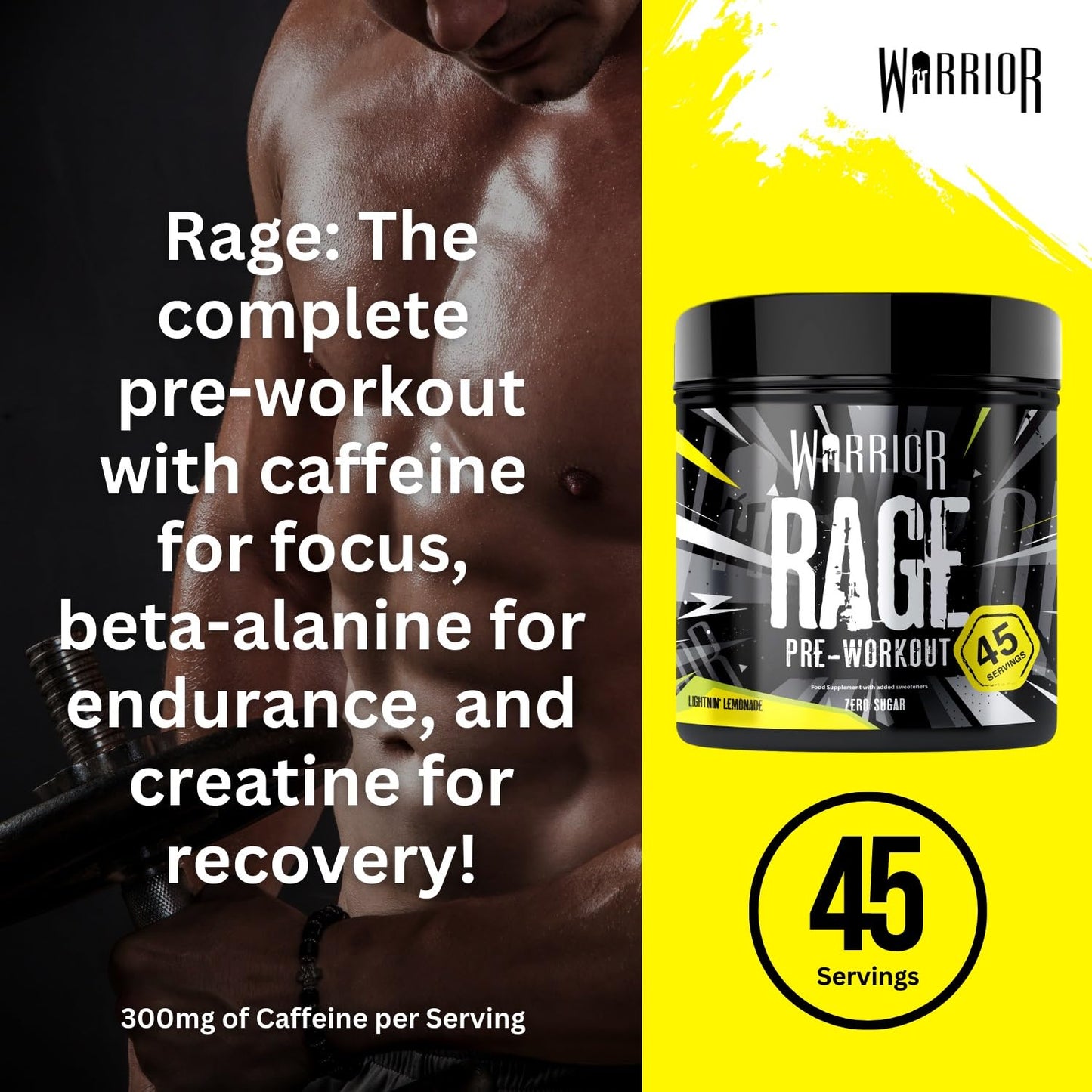 Warrior Rage - Pre-workout Powder - 392g - Energy Drink Supplement with Vitamin C, Beta Alanine and Creatine Gluconate - 45 Servings (Blazin' Blue Raz)