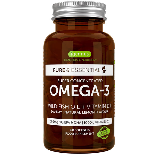 Advanced Omega-3 Wild Fish Oil & Vitamin D3, 1-a-Day 60 Servings, EPA DHA Fatty Acids, Triglyceride Form, Fast-Acting rTG, Ultra Pure, Natural Lemon Flavour,by Igennus