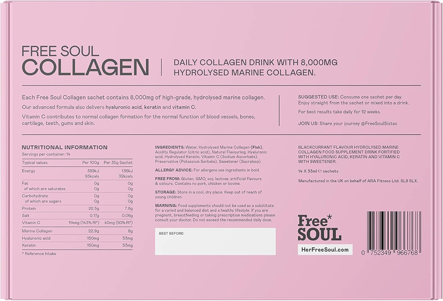 Marine Collagen Liquid 8000mg with Hyaluronic Acid, Keratin, & Vitamin C, 14 x 8000mg Hydrolysed Collagen Peptides Sachets, High Absorption Collagen Liquid Supplement by Free Soul