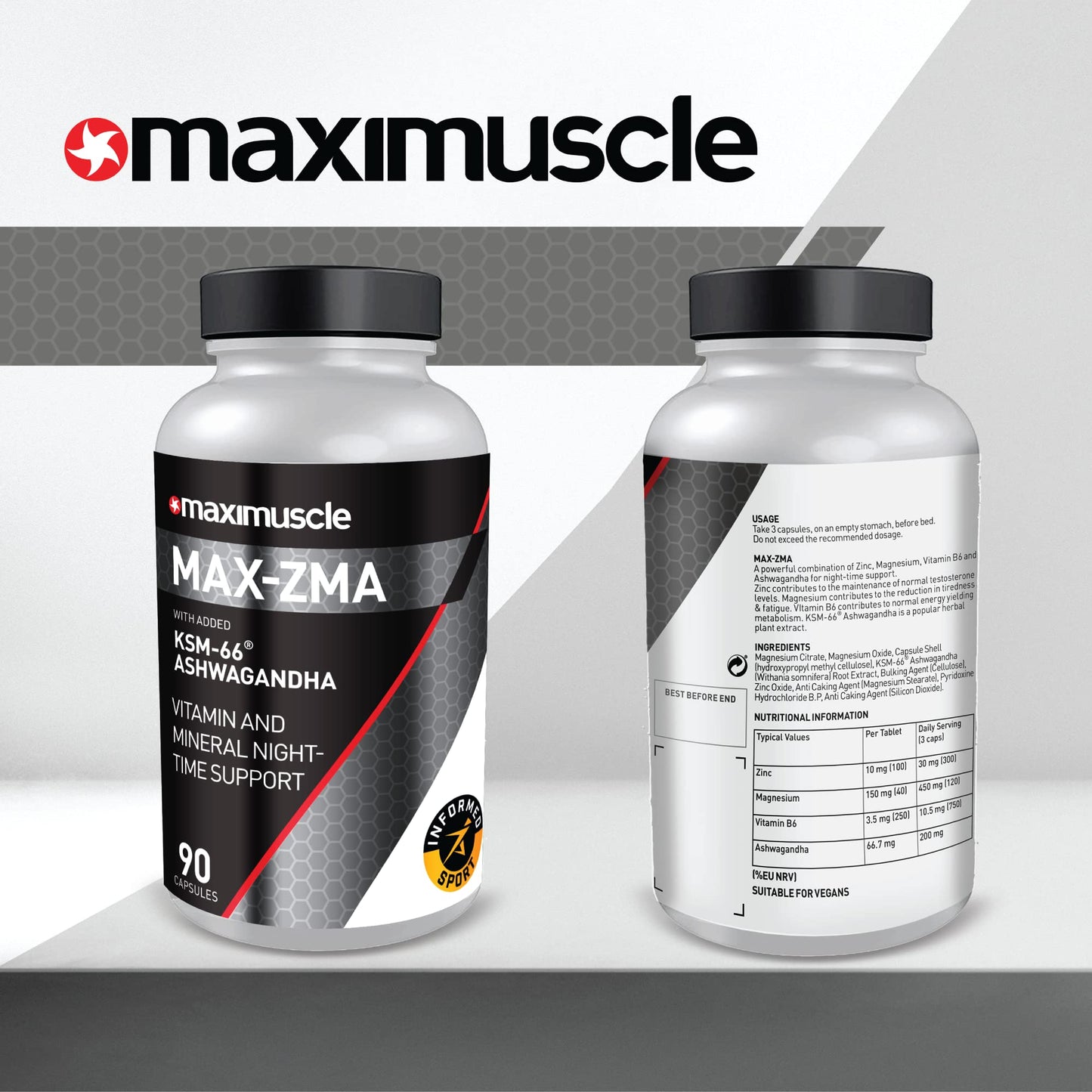 Maximuscle Max-ZMA | Zinc, Magnesium, Vitamin B6 & KSM-66 Ashwagandha for Recovery & Support | 90 Capsules - 1 Month Supply