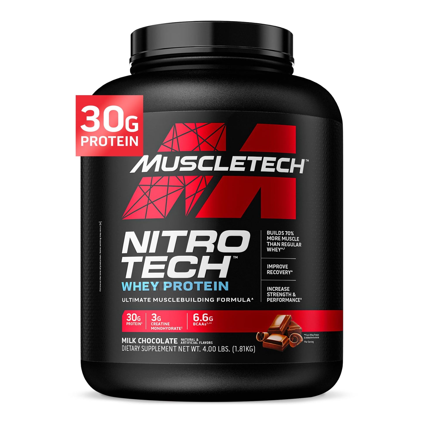 MuscleTech NitroTech Whey Protein Powder, Muscle Maintenance & Growth, Whey Isolate Protein Powder With 3g Creatine, Protein Shake For Men & Women, 6.8g BCAA, 40 Servings, 1.8g, Milk Chocolate