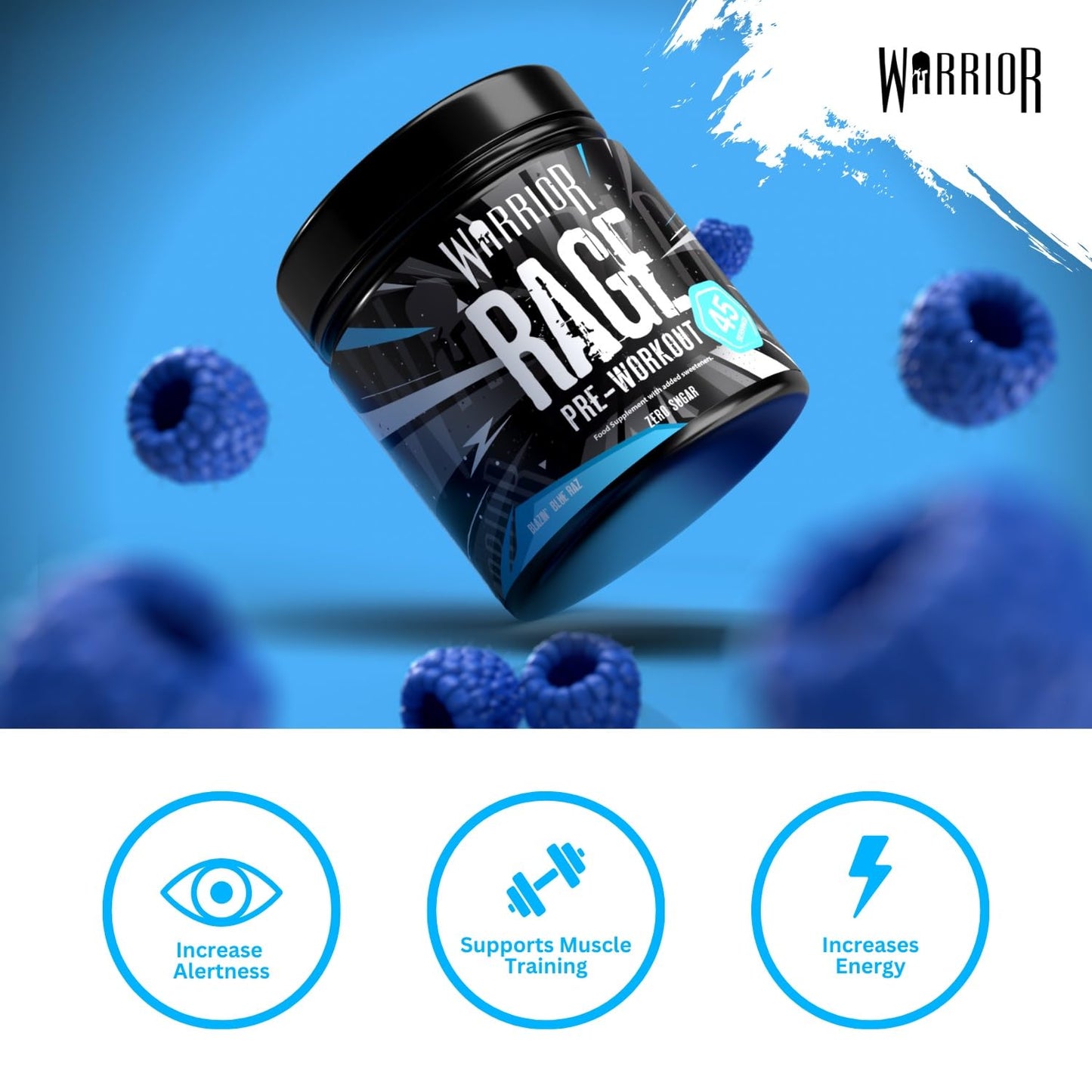 Warrior Rage - Pre-workout Powder - 392g - Energy Drink Supplement with Vitamin C, Beta Alanine and Creatine Gluconate - 45 Servings (Blazin' Blue Raz)